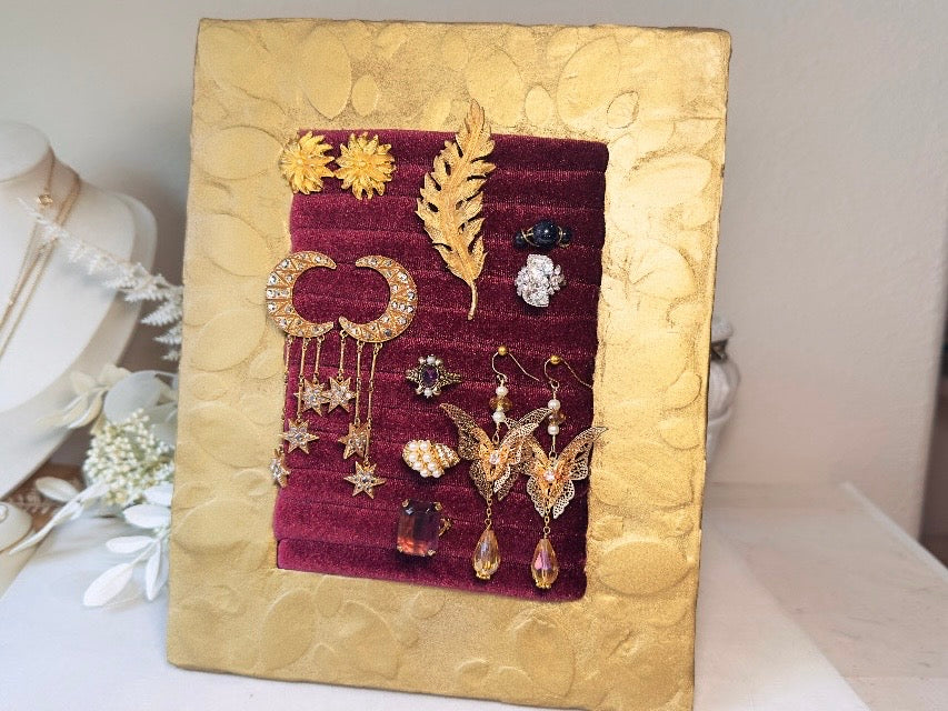 Velvet Jewelry Organizer, Handmade Framed Earring Display, OOAK Victorian Style Wine Red Ring Holder