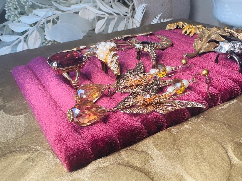Velvet Jewelry Organizer, Handmade Framed Earring Display, OOAK Victorian Style Wine Red Ring Holder