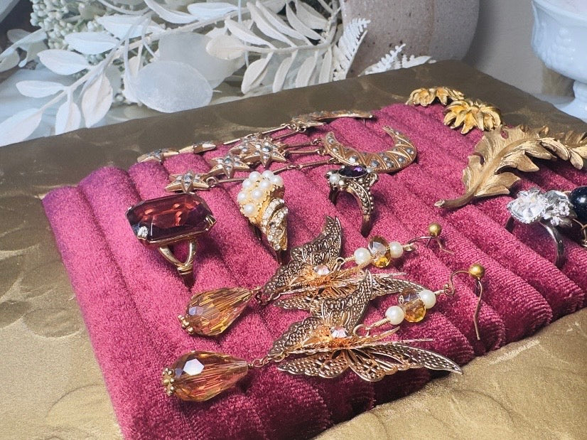 Velvet Jewelry Organizer, Handmade Framed Earring Display, OOAK Victorian Style Wine Red Ring Holder