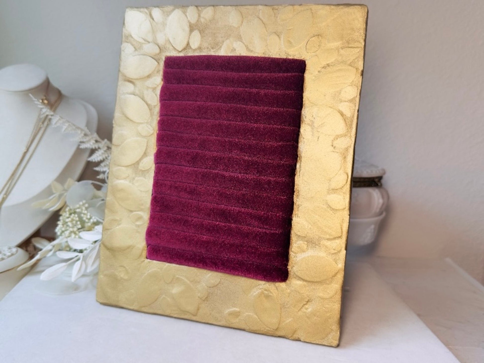 Velvet Jewelry Organizer, Handmade Framed Earring Display, OOAK Victorian Style Wine Red Ring Holder