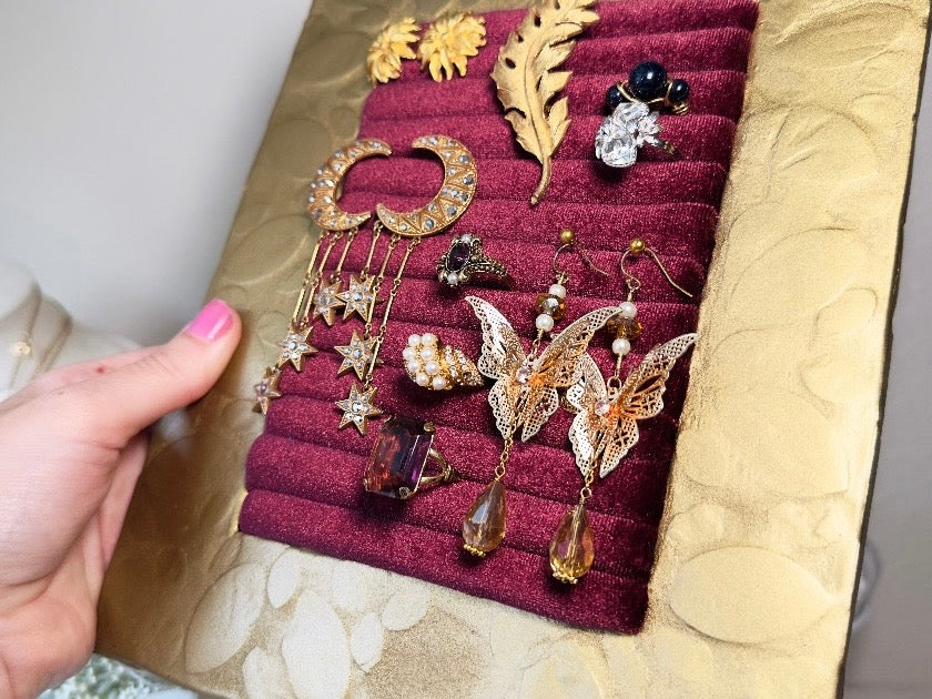 Velvet Jewelry Organizer, Handmade Framed Earring Display, OOAK Victorian Style Wine Red Ring Holder