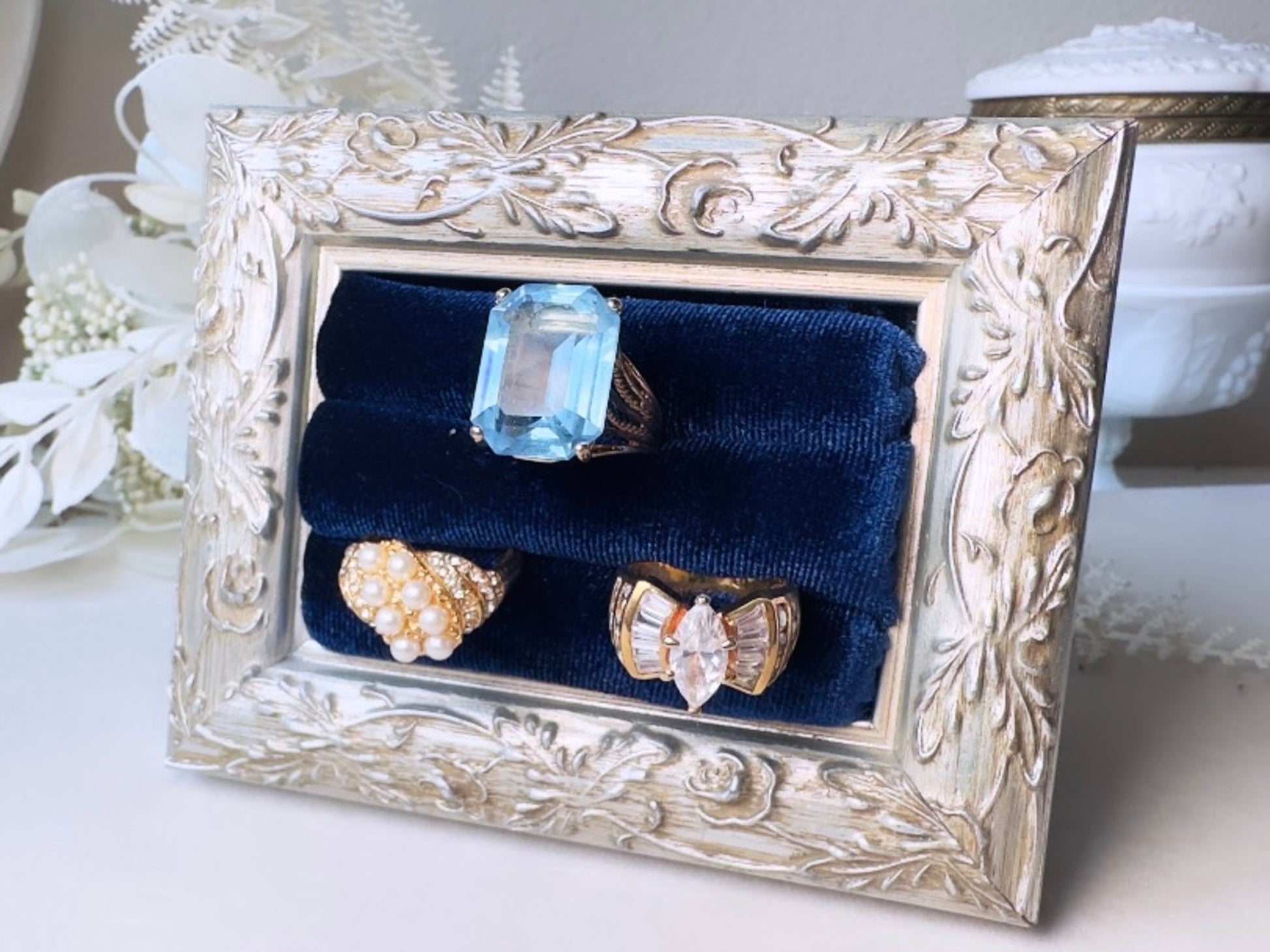 Velvet Ring Holder, Handmade Victorian Style Silver and Midnight Blue Ring Display