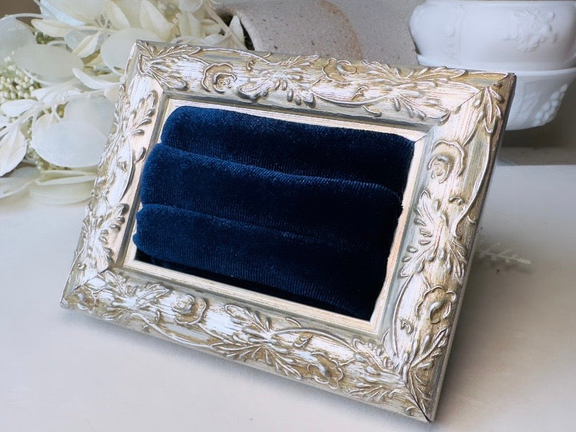 Velvet Ring Holder, Handmade Victorian Style Silver and Midnight Blue Ring Display