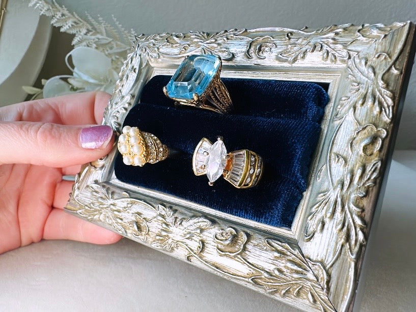Velvet Ring Holder, Handmade Victorian Style Silver and Midnight Blue Ring Display