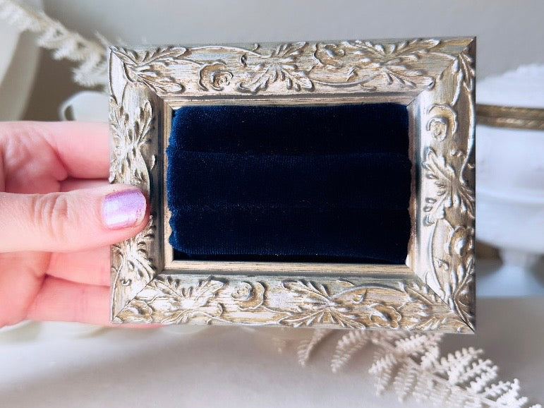 Velvet Ring Holder, Handmade Victorian Style Silver and Midnight Blue Ring Display