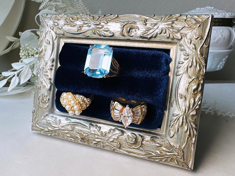 Velvet Ring Holder, Handmade Victorian Style Silver and Midnight Blue Ring Display