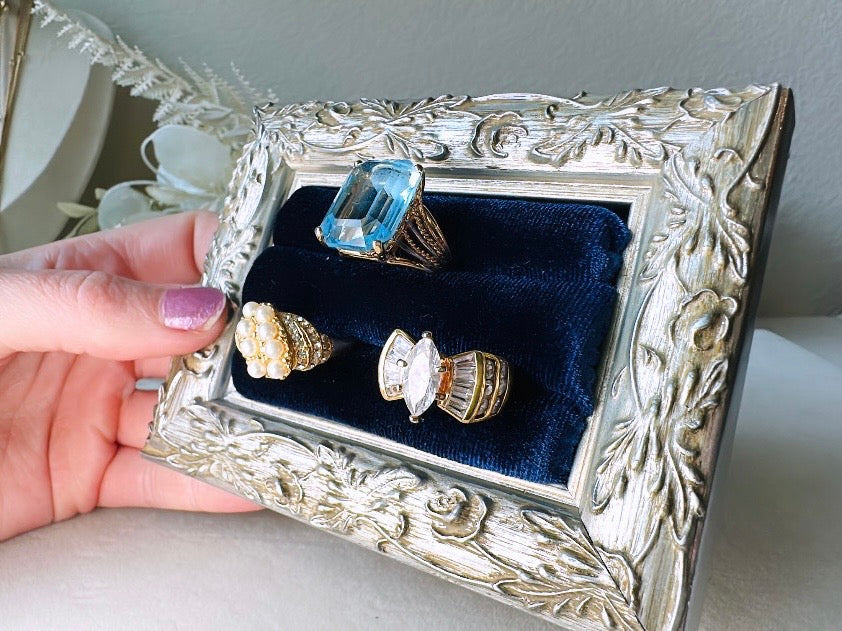 Velvet Ring Holder, Handmade Victorian Style Silver and Midnight Blue Ring Display