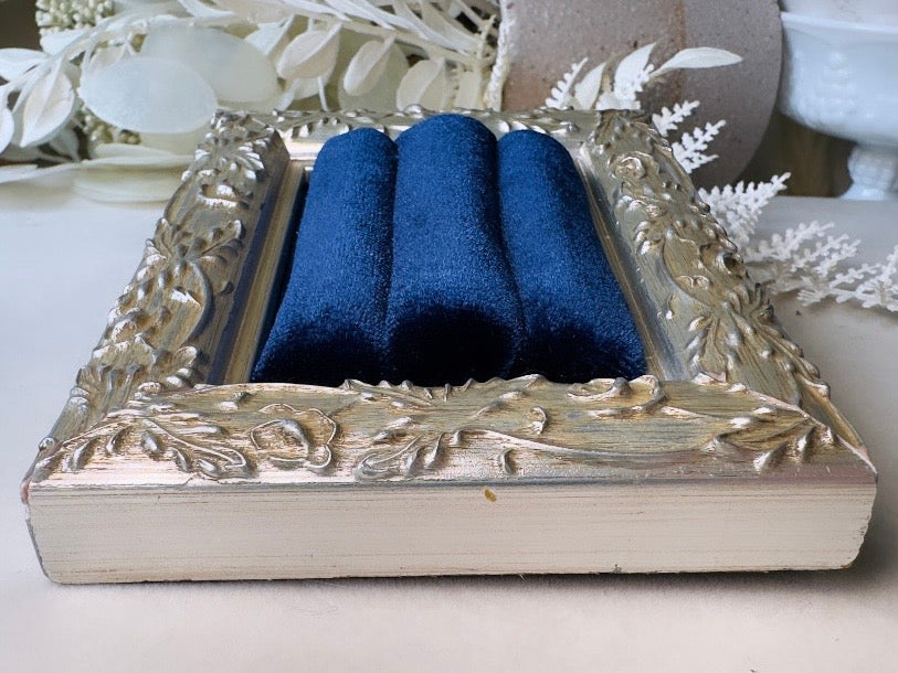 Velvet Ring Holder, Handmade Victorian Style Silver and Midnight Blue Ring Display