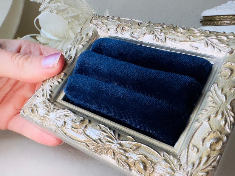 Velvet Ring Holder, Handmade Victorian Style Silver and Midnight Blue Ring Display