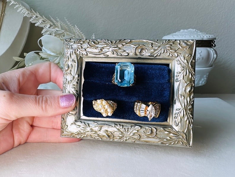 Velvet Ring Holder, Handmade Victorian Style Silver and Midnight Blue Ring Display