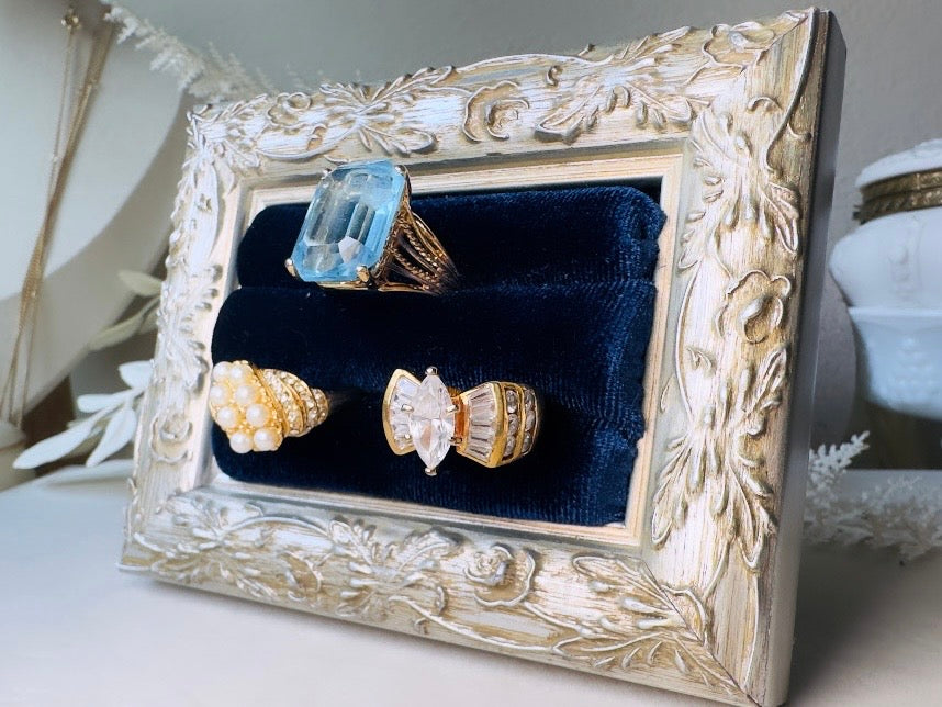 Velvet Ring Holder, Handmade Victorian Style Silver and Midnight Blue Ring Display