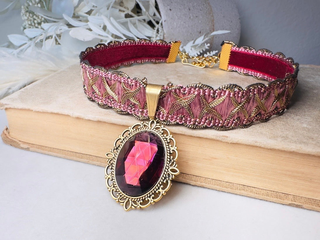 Victorian Choker, Handmade Wuthering Heights Dusty Rose Pink and Gold Vintage Ribbon Necklace with Romantic Antique Amethyst Glass Pendant
