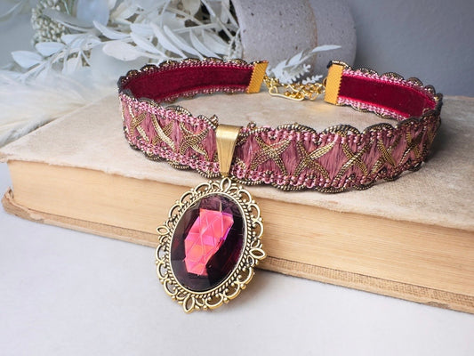 Victorian Choker, Handmade Wuthering Heights Dusty Rose Pink and Gold Vintage Ribbon Necklace with Romantic Antique Amethyst Glass Pendant