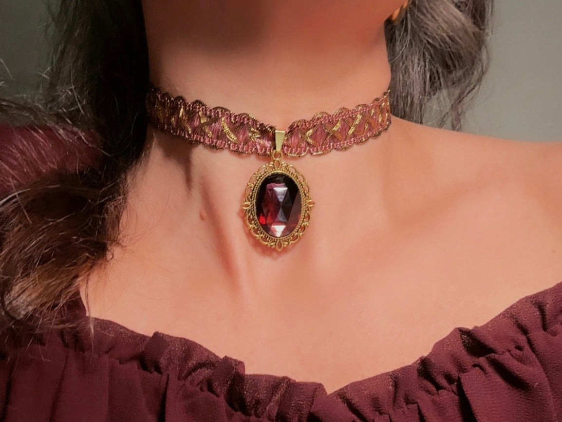Victorian Choker, Handmade Wuthering Heights Dusty Rose Pink and Gold Vintage Ribbon Necklace with Romantic Antique Amethyst Glass Pendant