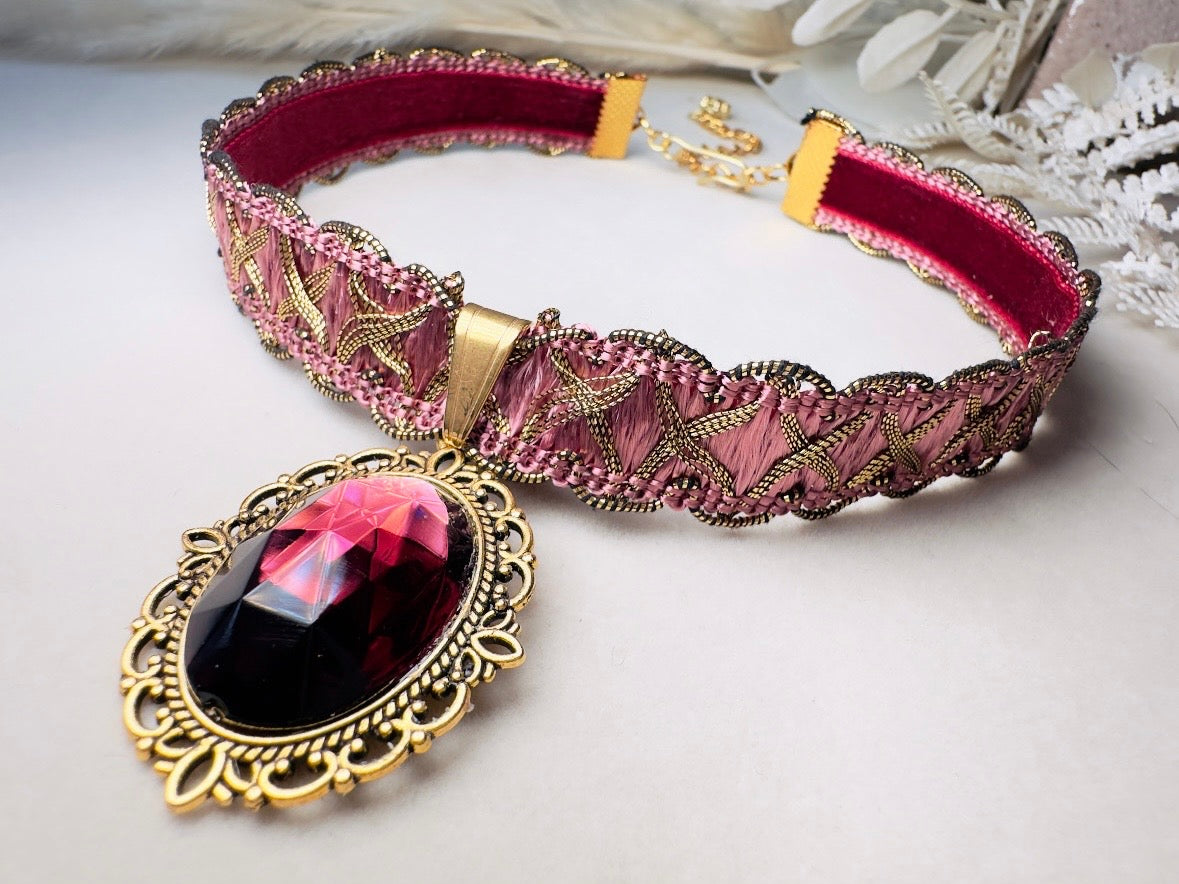 Victorian Choker, Handmade Wuthering Heights Dusty Rose Pink and Gold Vintage Ribbon Necklace with Romantic Antique Amethyst Glass Pendant
