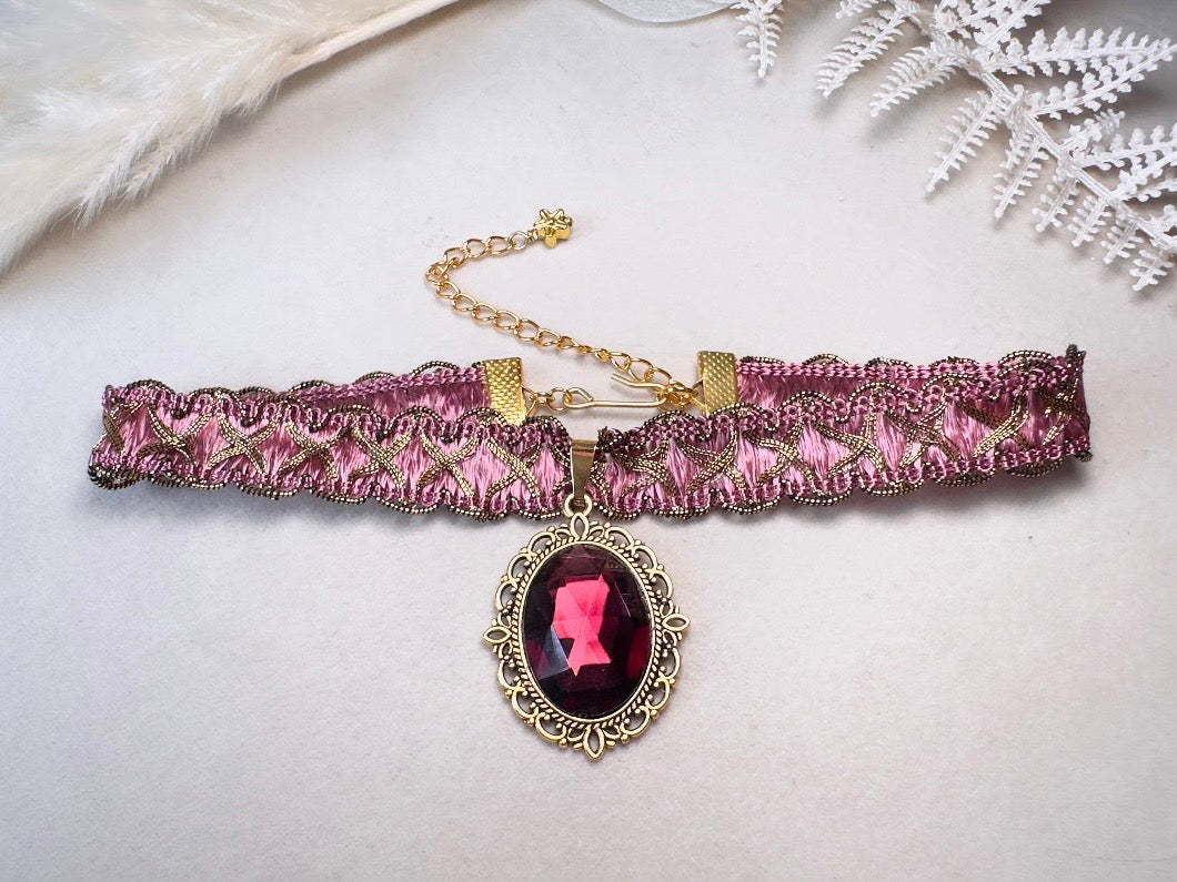 Victorian Choker, Handmade Wuthering Heights Dusty Rose Pink and Gold Vintage Ribbon Necklace with Romantic Antique Amethyst Glass Pendant