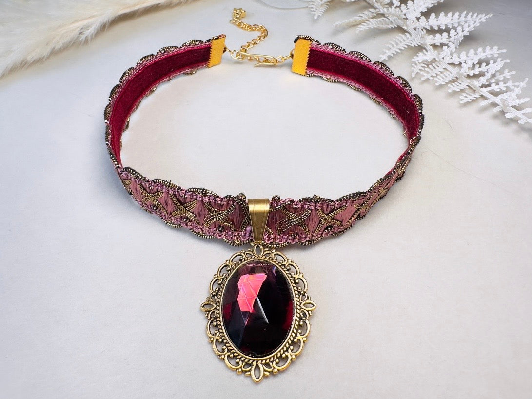 Victorian Choker, Handmade Wuthering Heights Dusty Rose Pink and Gold Vintage Ribbon Necklace with Romantic Antique Amethyst Glass Pendant