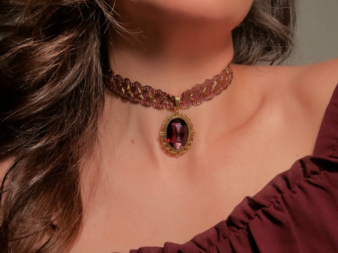Victorian Choker, Handmade Wuthering Heights Dusty Rose Pink and Gold Vintage Ribbon Necklace with Romantic Antique Amethyst Glass Pendant