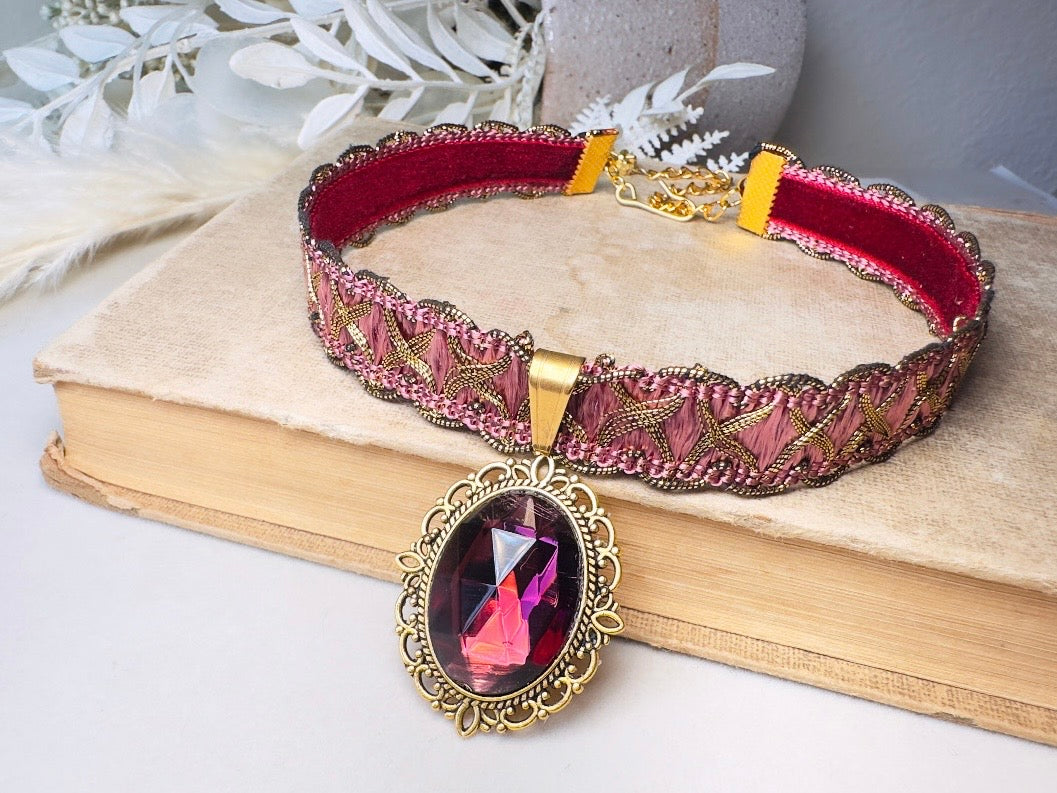 Victorian Choker, Handmade Wuthering Heights Dusty Rose Pink and Gold Vintage Ribbon Necklace with Romantic Antique Amethyst Glass Pendant