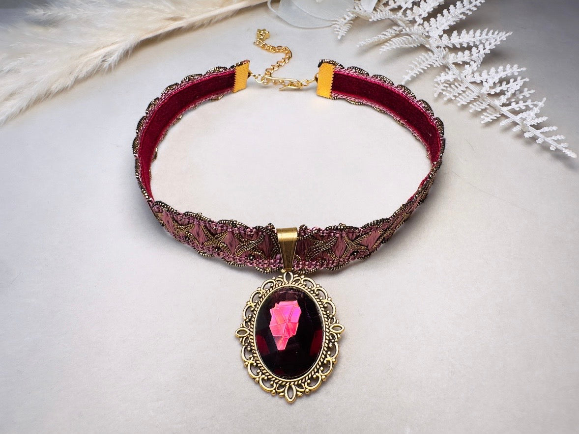 Victorian Choker, Handmade Wuthering Heights Dusty Rose Pink and Gold Vintage Ribbon Necklace with Romantic Antique Amethyst Glass Pendant
