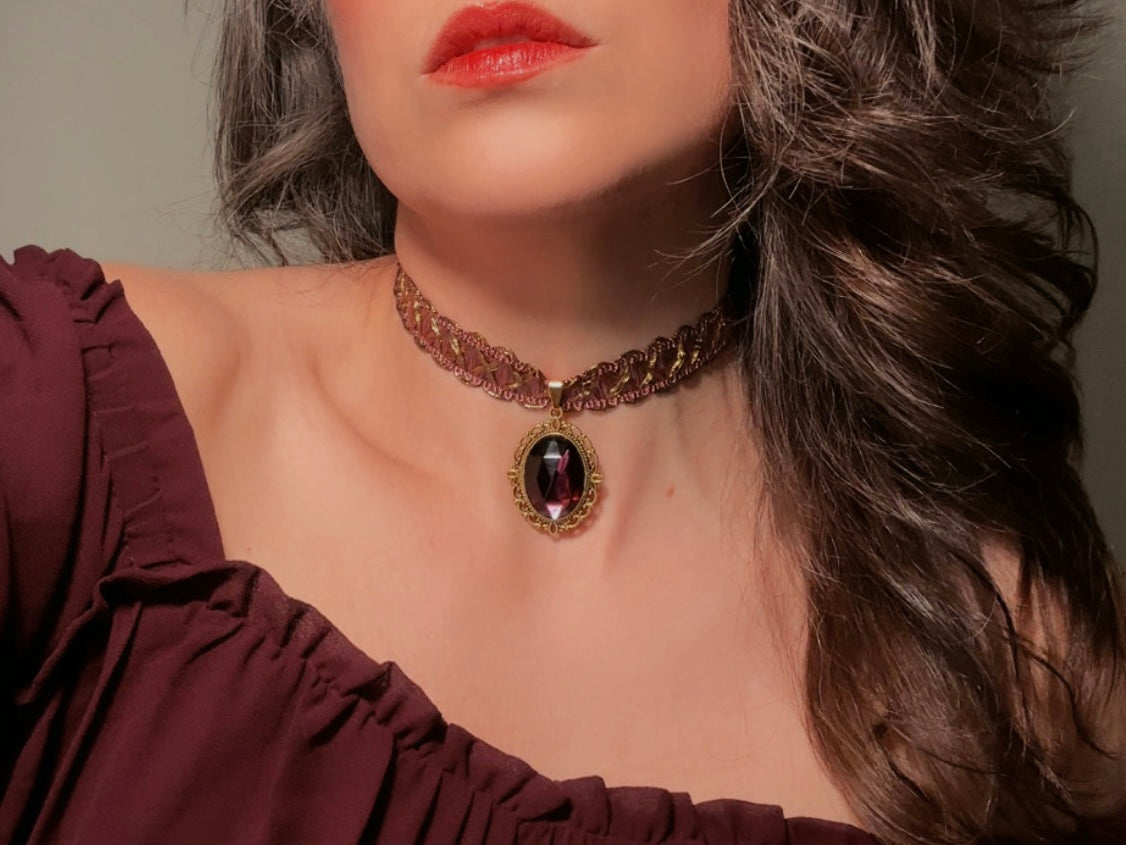 Victorian Choker, Handmade Wuthering Heights Dusty Rose Pink and Gold Vintage Ribbon Necklace with Romantic Antique Amethyst Glass Pendant