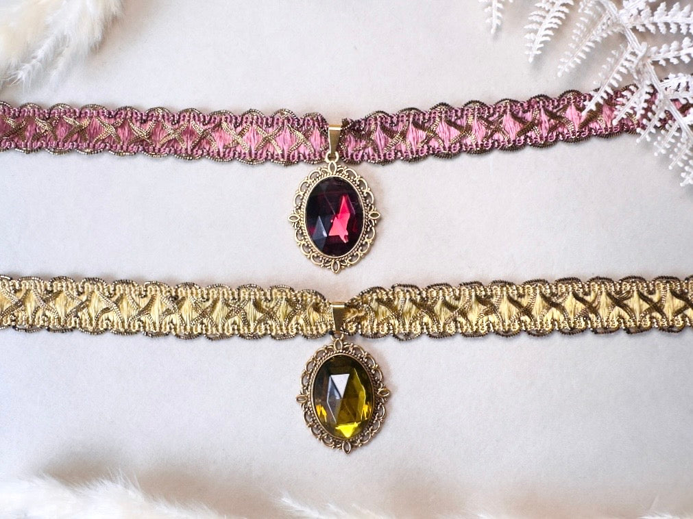 Victorian Choker, Handmade Wuthering Heights Dusty Rose Pink and Gold Vintage Ribbon Necklace with Romantic Antique Amethyst Glass Pendant