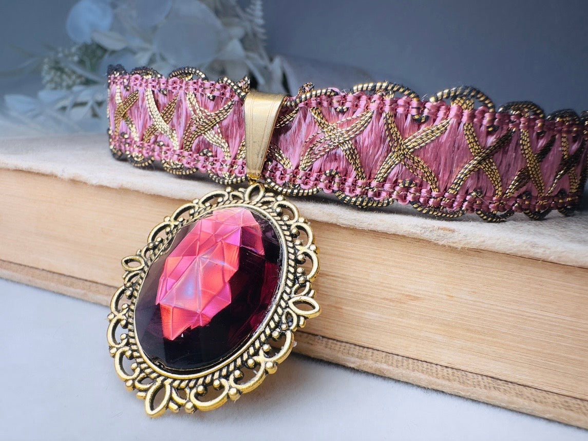 Victorian Choker, Handmade Wuthering Heights Dusty Rose Pink and Gold Vintage Ribbon Necklace with Romantic Antique Amethyst Glass Pendant