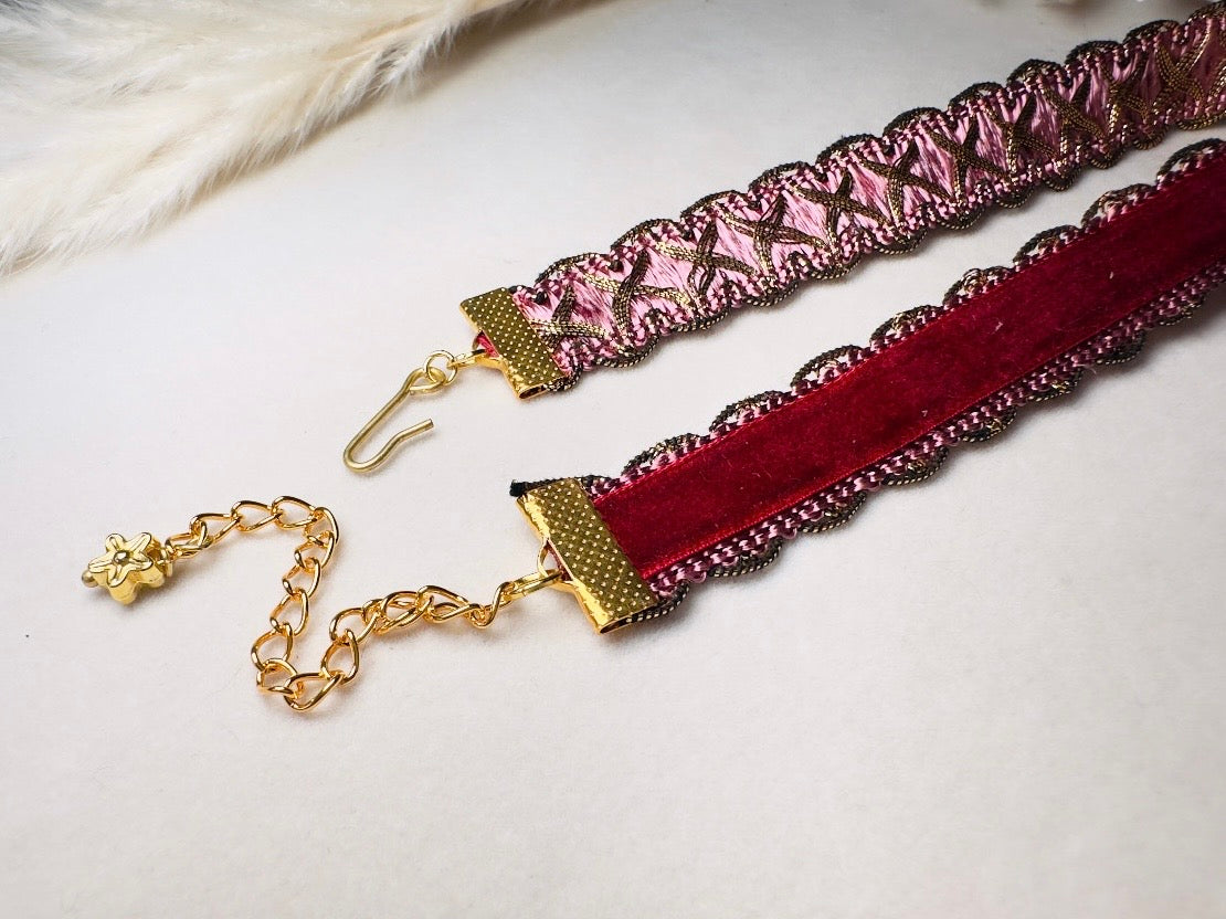 Victorian Choker, Handmade Wuthering Heights Dusty Rose Pink and Gold Vintage Ribbon Necklace with Romantic Antique Amethyst Glass Pendant