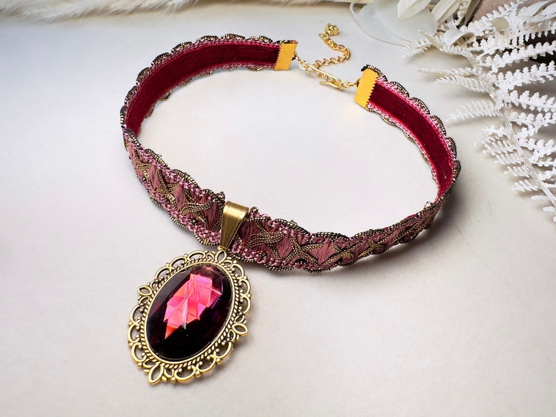 Victorian Choker, Handmade Wuthering Heights Dusty Rose Pink and Gold Vintage Ribbon Necklace with Romantic Antique Amethyst Glass Pendant