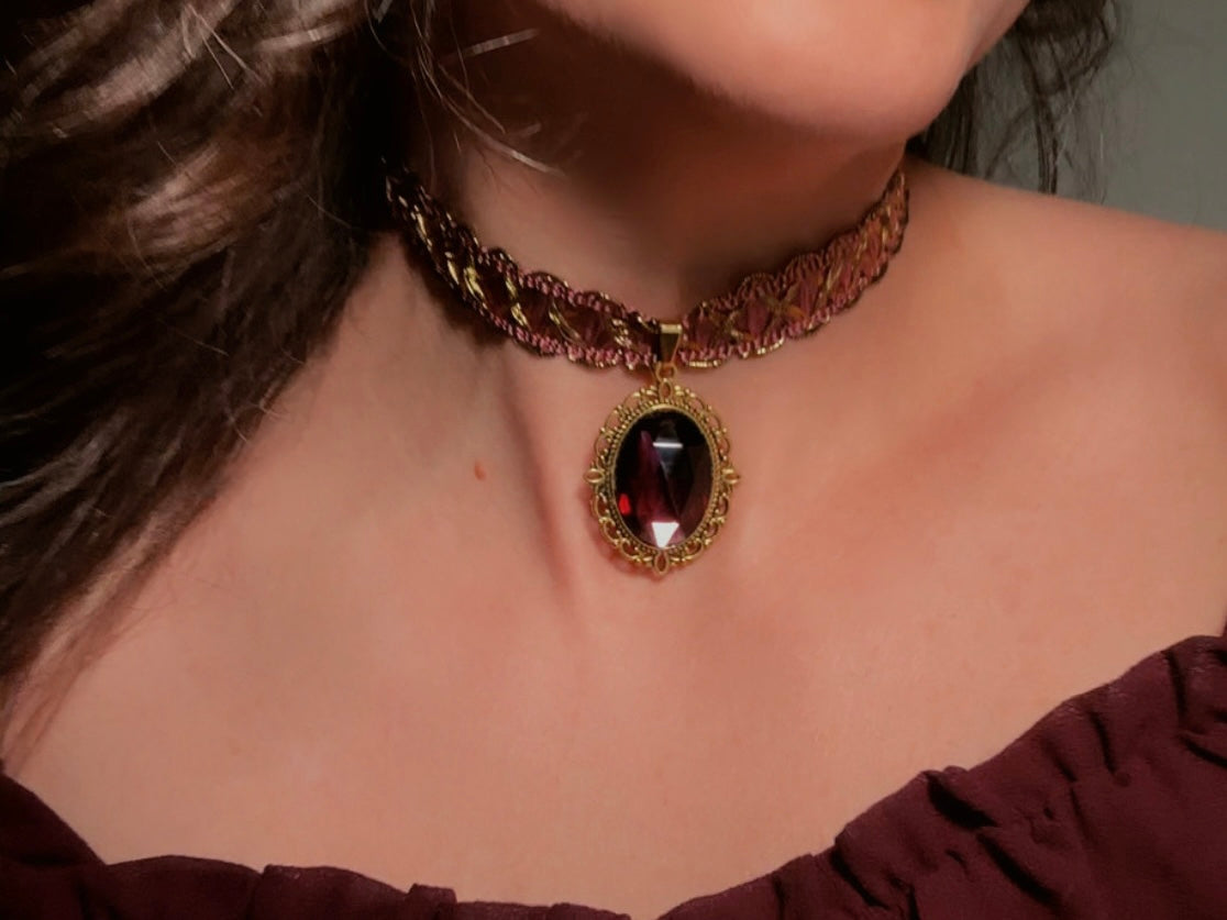 Victorian Choker, Handmade Wuthering Heights Dusty Rose Pink and Gold Vintage Ribbon Necklace with Romantic Antique Amethyst Glass Pendant