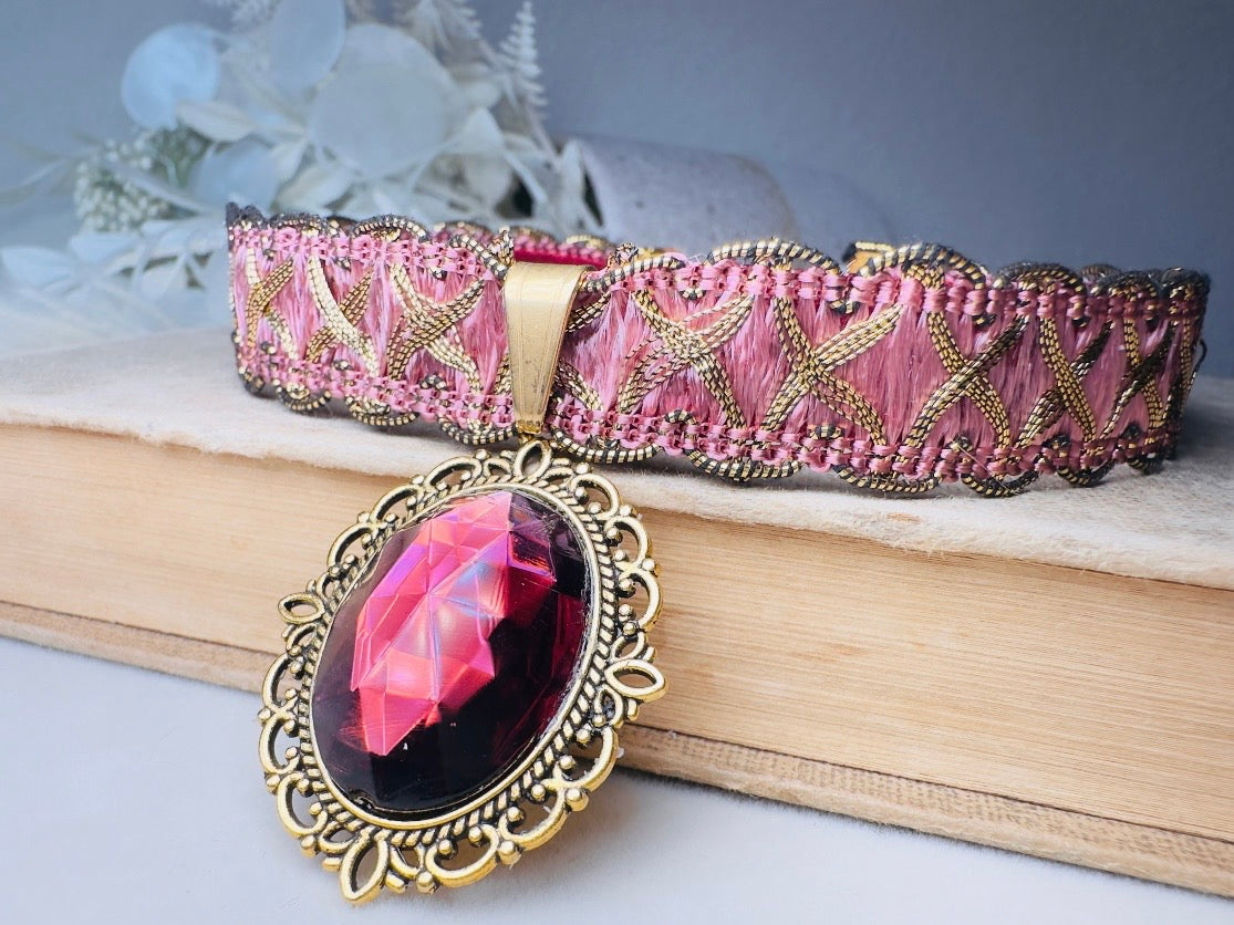 Victorian Choker, Handmade Wuthering Heights Dusty Rose Pink and Gold Vintage Ribbon Necklace with Romantic Antique Amethyst Glass Pendant