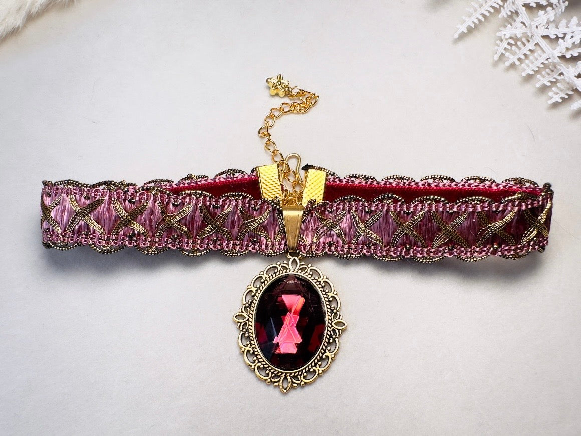 Victorian Choker, Handmade Wuthering Heights Dusty Rose Pink and Gold Vintage Ribbon Necklace with Romantic Antique Amethyst Glass Pendant