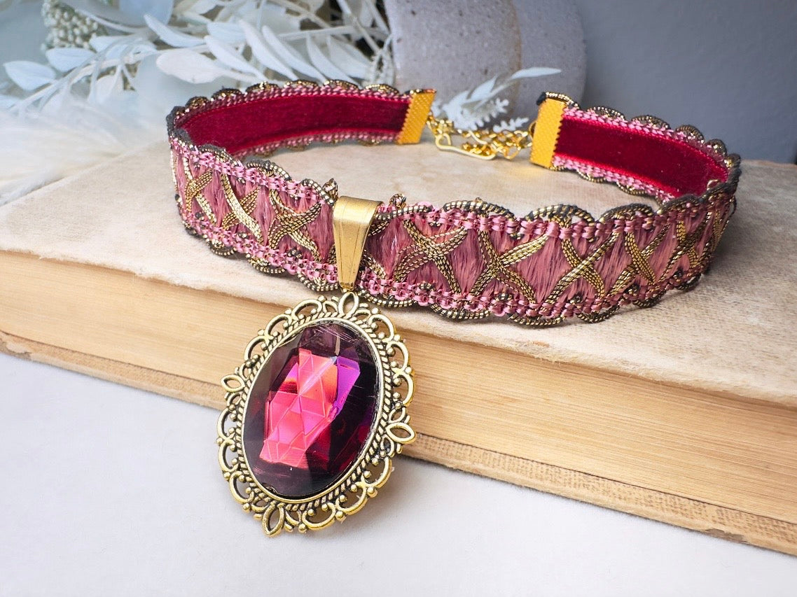 Victorian Choker, Handmade Wuthering Heights Dusty Rose Pink and Gold Vintage Ribbon Necklace with Romantic Antique Amethyst Glass Pendant