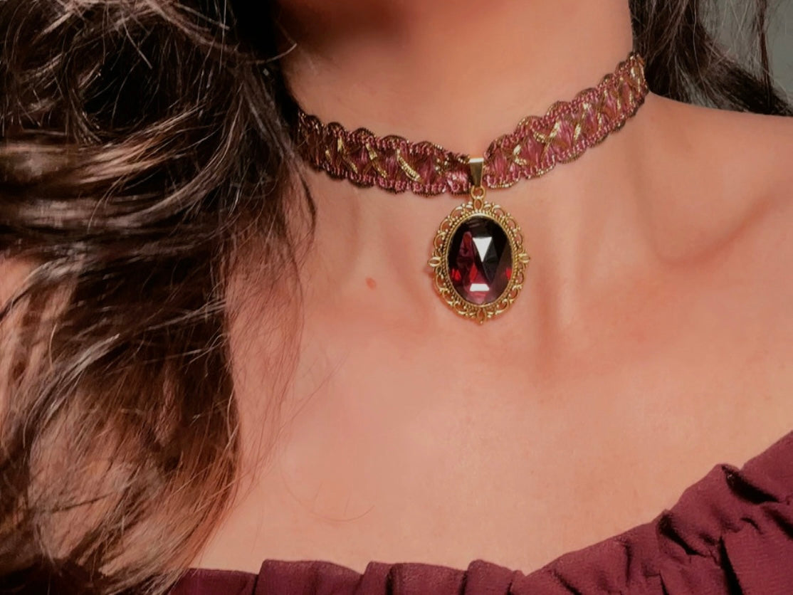 Victorian Choker, Handmade Wuthering Heights Dusty Rose Pink and Gold Vintage Ribbon Necklace with Romantic Antique Amethyst Glass Pendant