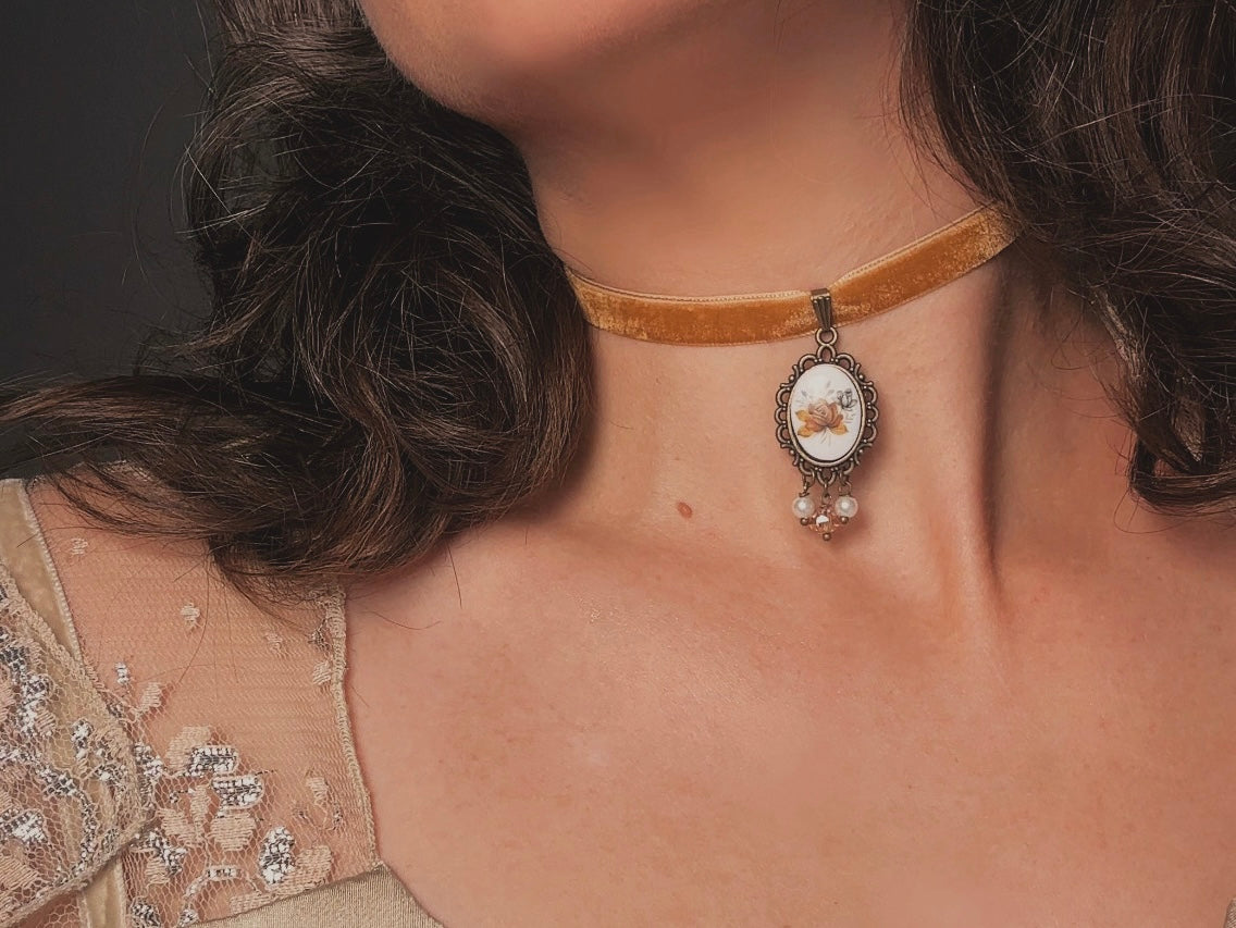 Victorian Choker with Autumn Rose Vintage Cameo and Golden Velvet Ribbon