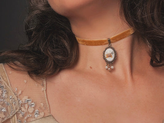 Victorian Choker with Autumn Rose Vintage Cameo and Golden Velvet Ribbon