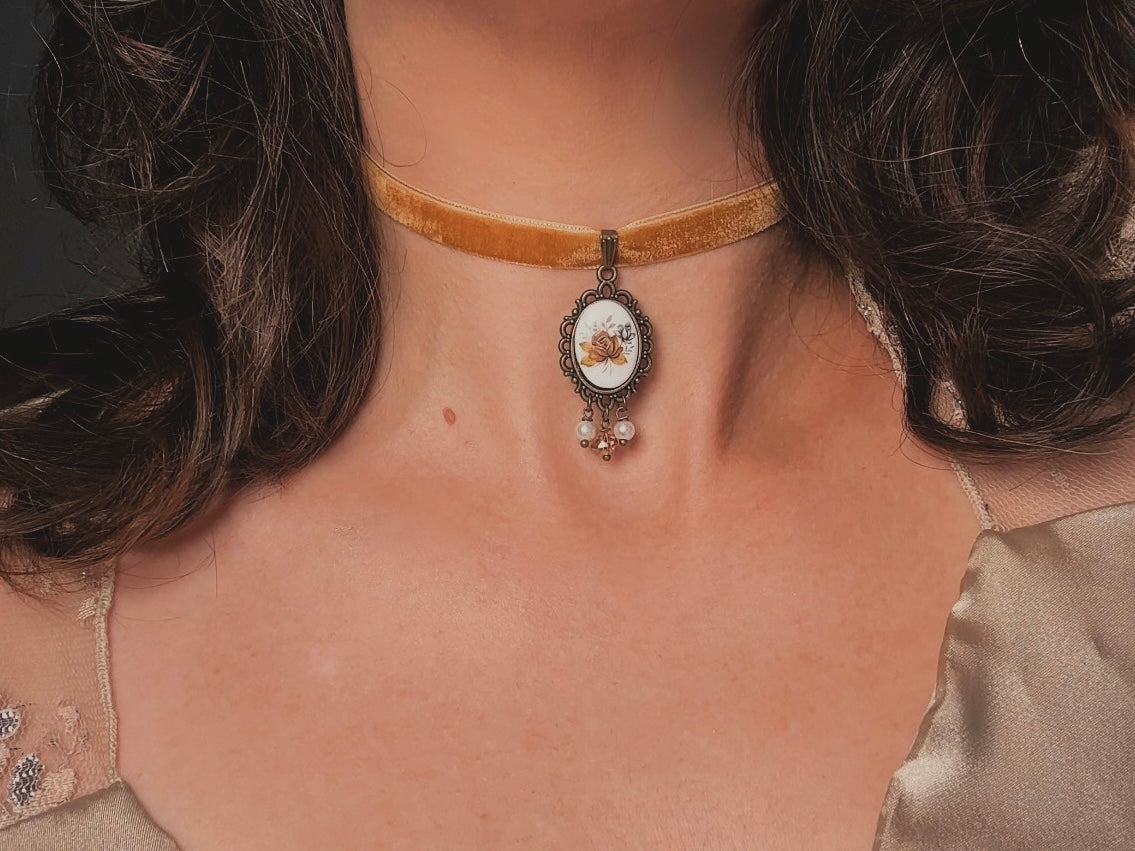 Victorian Choker with Autumn Rose Vintage Cameo and Golden Velvet Ribbon