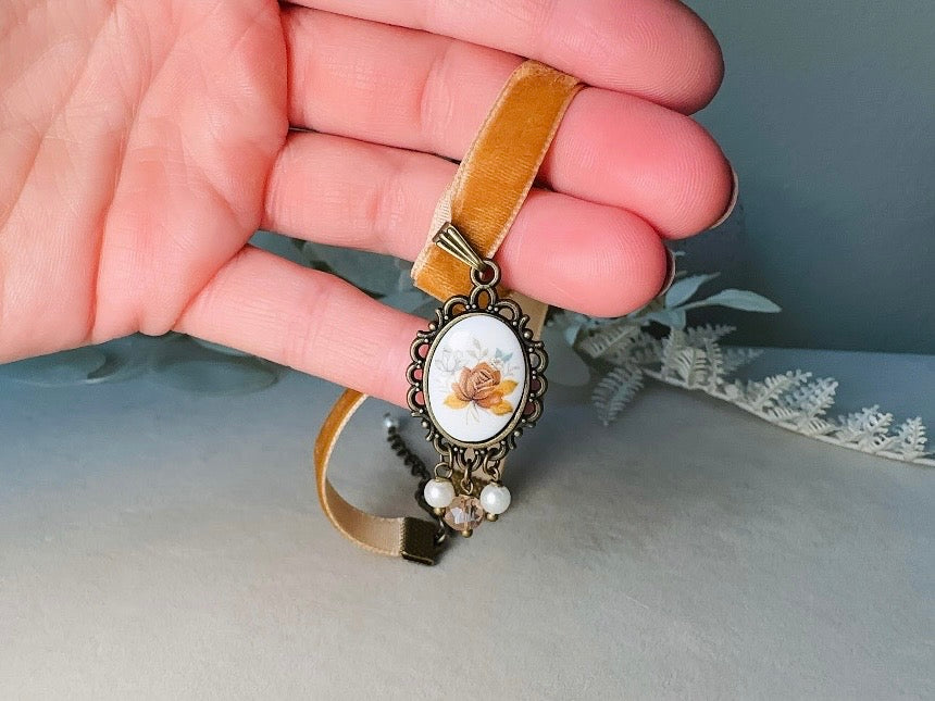 Victorian Choker with Autumn Rose Vintage Cameo and Golden Velvet Ribbon
