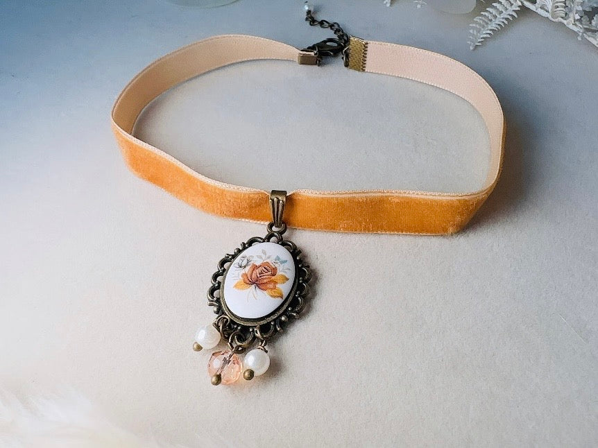 Victorian Choker with Autumn Rose Vintage Cameo and Golden Velvet Ribbon