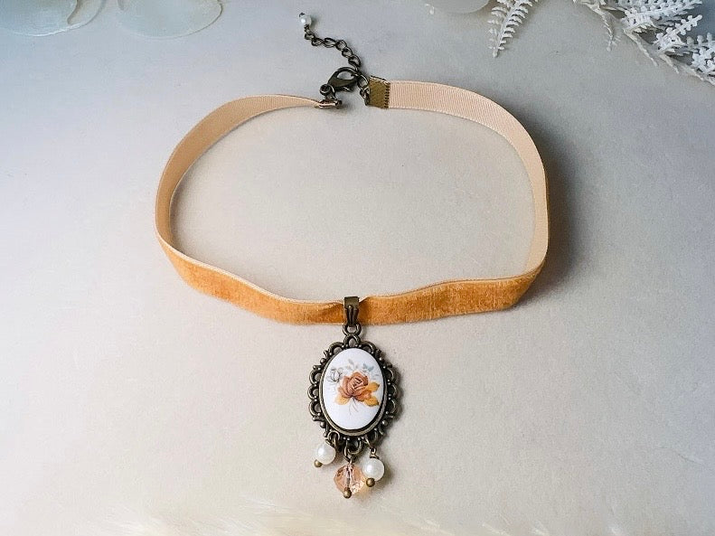 Victorian Choker with Autumn Rose Vintage Cameo and Golden Velvet Ribbon