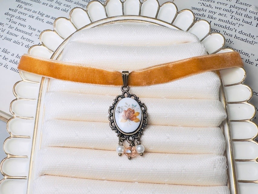 Victorian Choker with Autumn Rose Vintage Cameo and Golden Velvet Ribbon