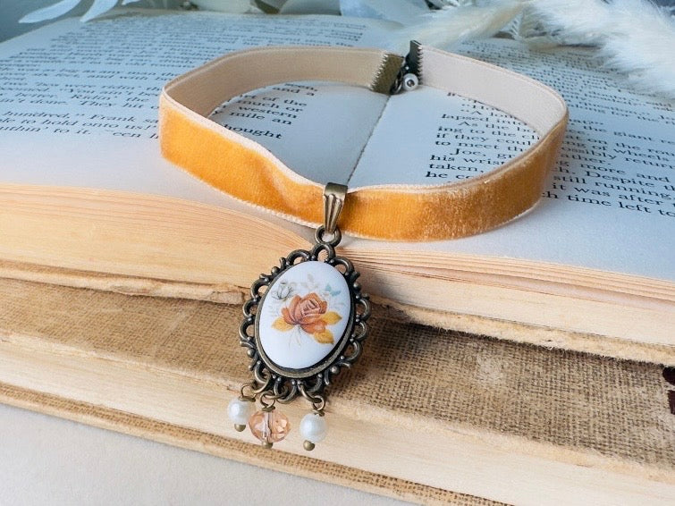 Victorian Choker with Autumn Rose Vintage Cameo and Golden Velvet Ribbon