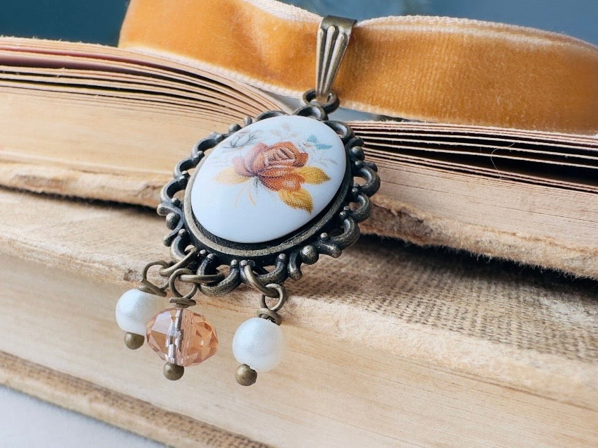 Victorian Choker with Autumn Rose Vintage Cameo and Golden Velvet Ribbon
