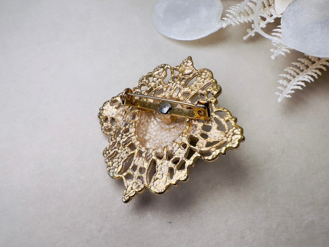 Victorian Pearl Brooch with White Enamel Wash, Romantic Gold Vintage Regency Era Revival Brooch Pin