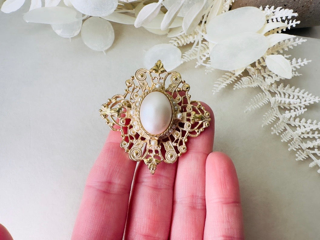 Victorian Pearl Brooch with White Enamel Wash, Romantic Gold Vintage Regency Era Revival Brooch Pin
