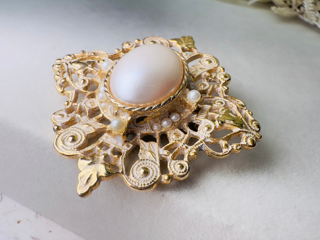 Victorian Pearl Brooch with White Enamel Wash, Romantic Gold Vintage Regency Era Revival Brooch Pin