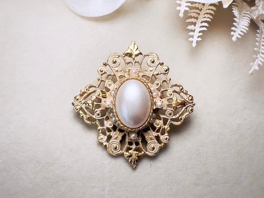 Victorian Pearl Brooch with White Enamel Wash, Romantic Gold Vintage Regency Era Revival Brooch Pin