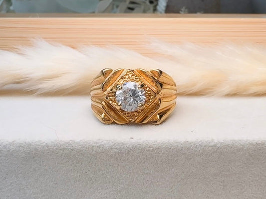 Vintage 14kt Gold Signet Ring, Cubic Zirconia, Chunky Menswear Style (US Size 9.5)