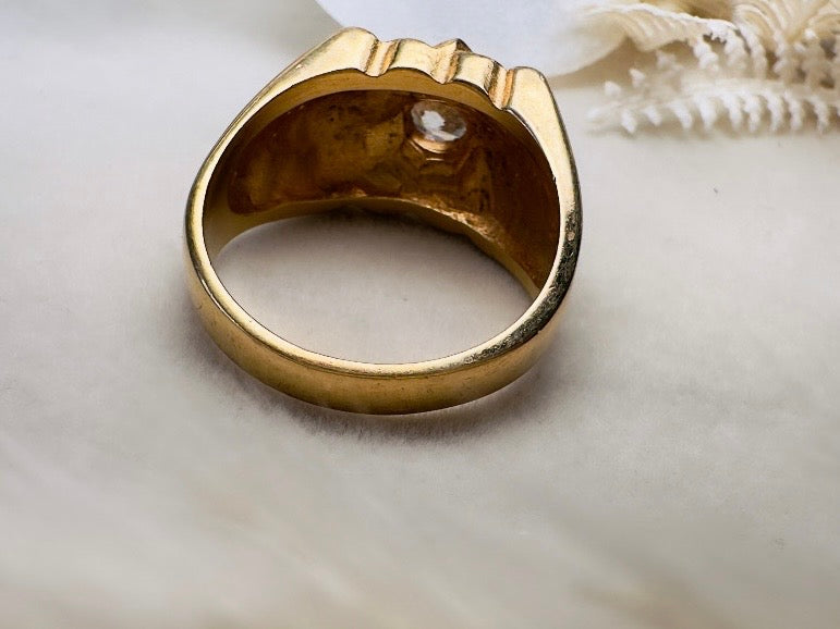 Vintage 14kt Gold Signet Ring, Cubic Zirconia, Chunky Menswear Style (US Size 9.5)