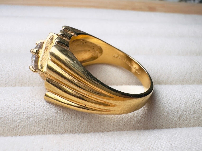 Vintage 14kt Gold Signet Ring, Cubic Zirconia, Chunky Menswear Style (US Size 9.5)